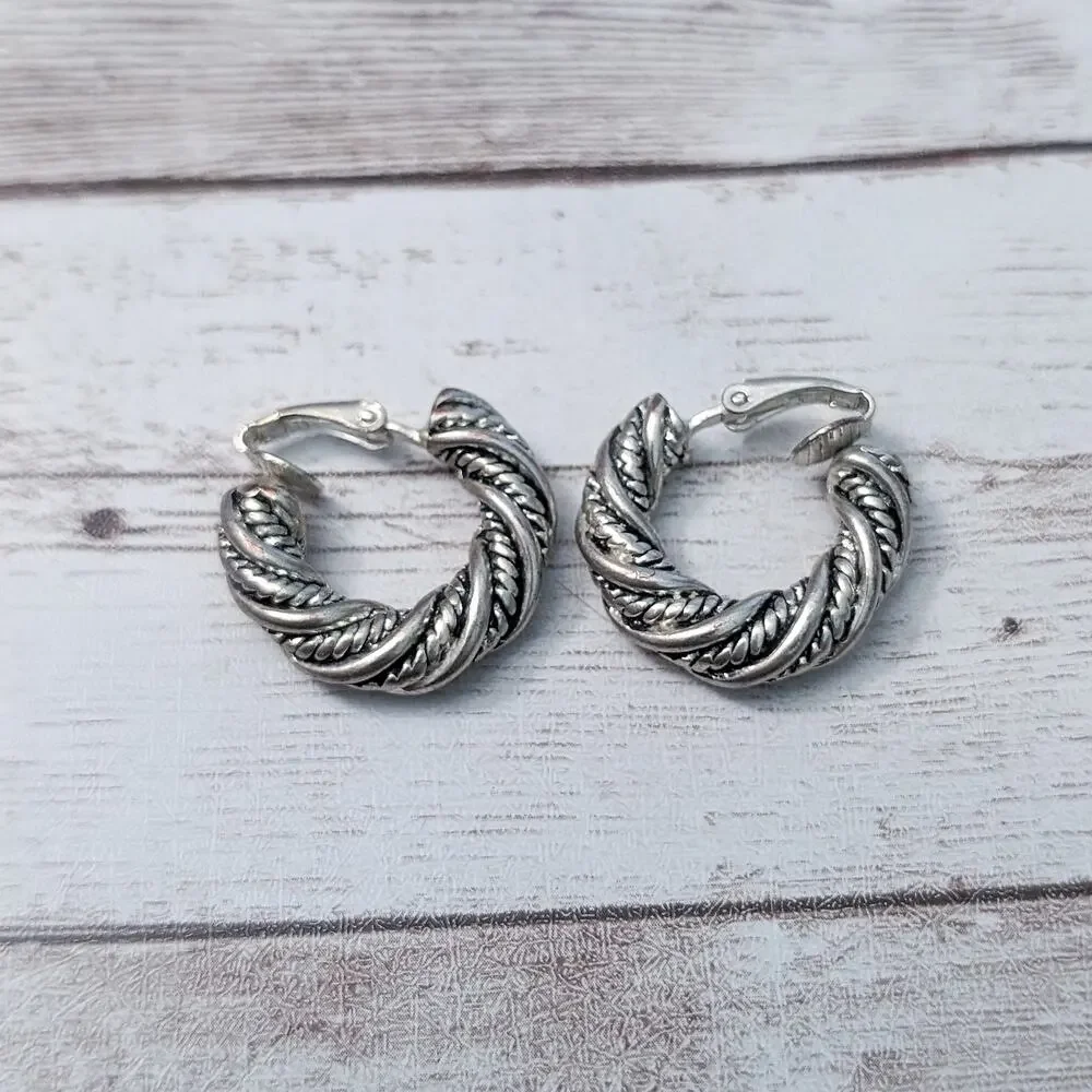 Vintage Clip On Earrings Silver Tone Twisted Rope Style Hoops - Some Tarnish